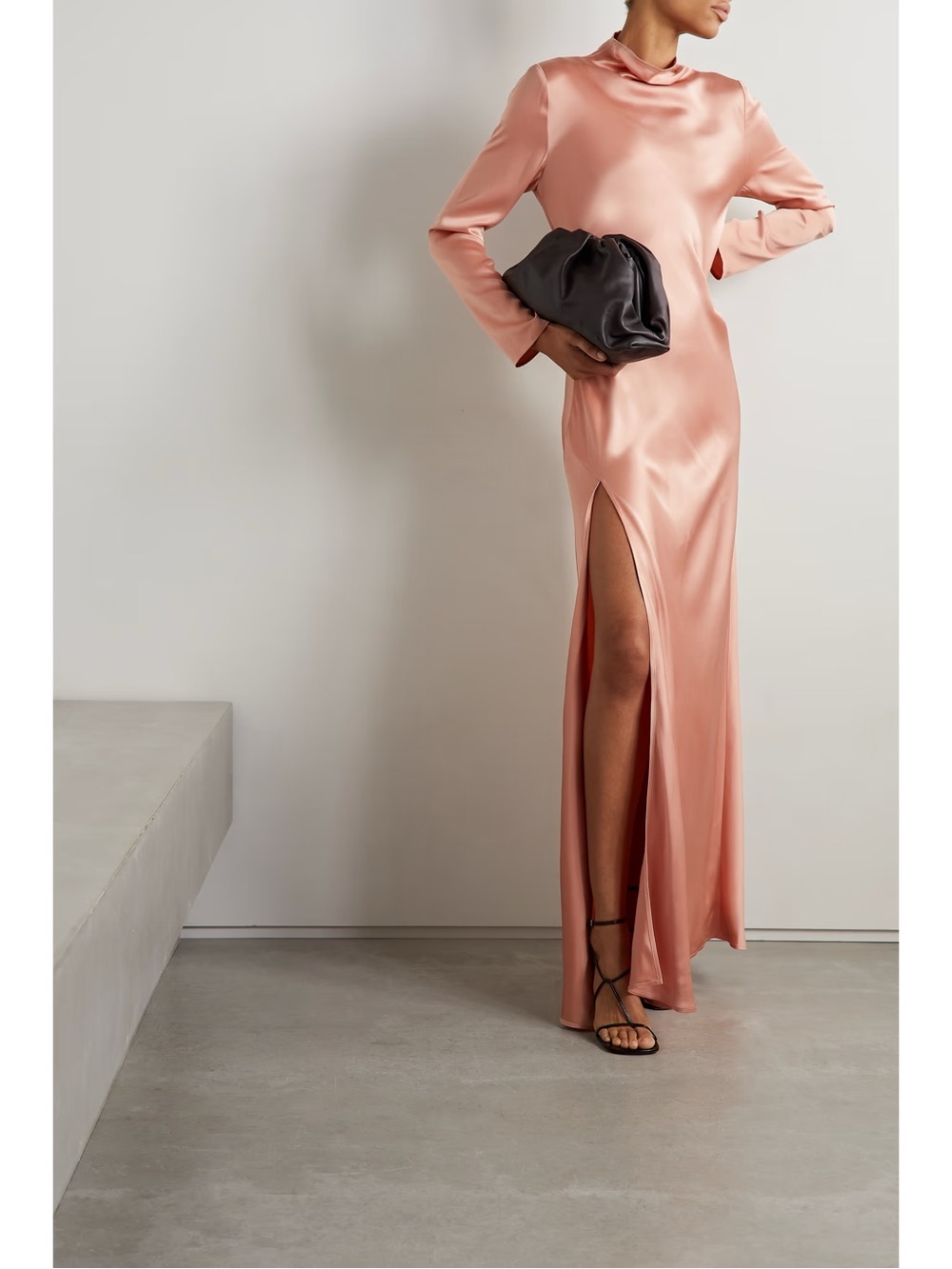 Satin Long Sleeve Maxi Dress with High Leg Slit - Blush